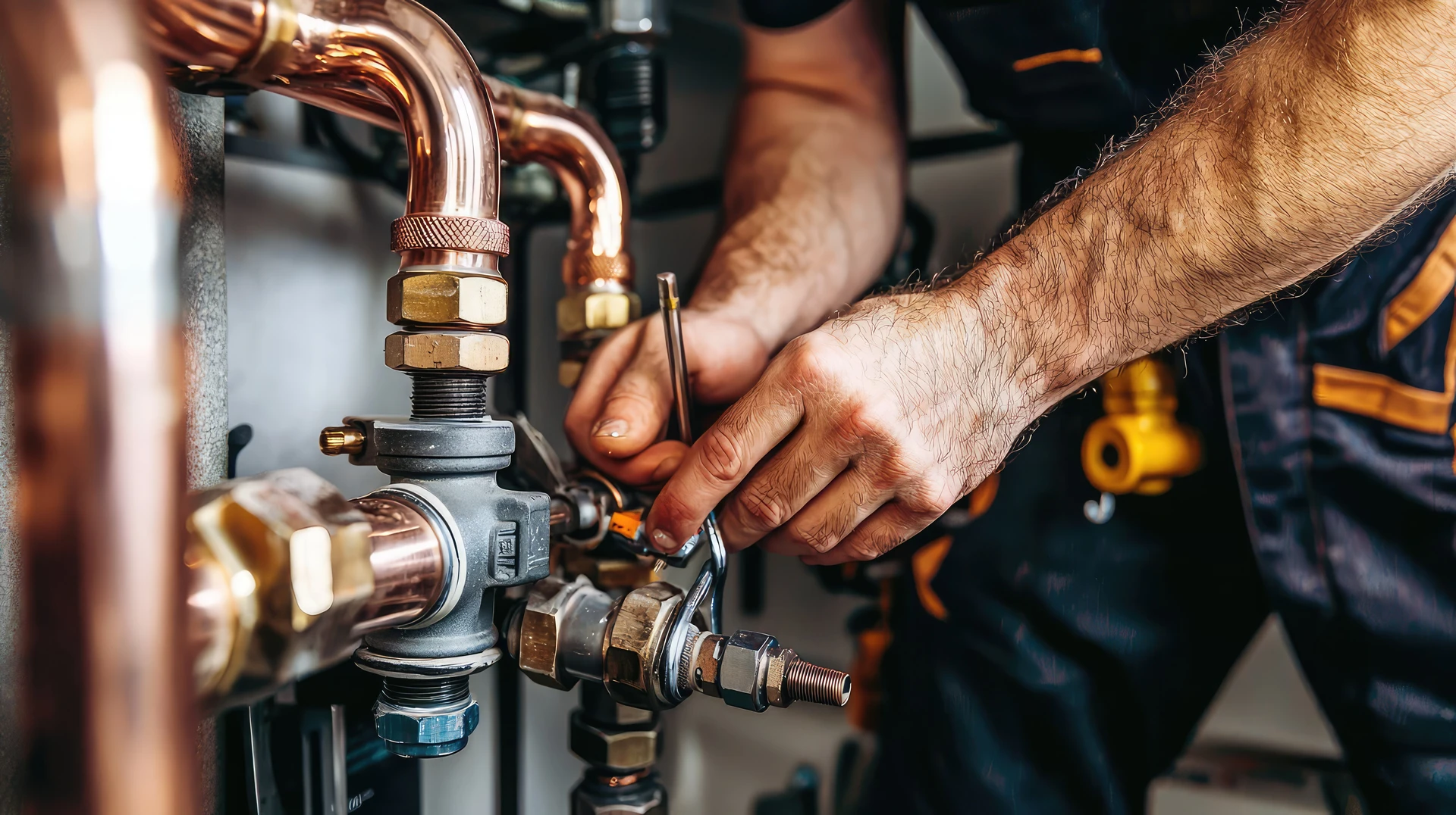 Plumber assembling copper pipe fittings on a service call